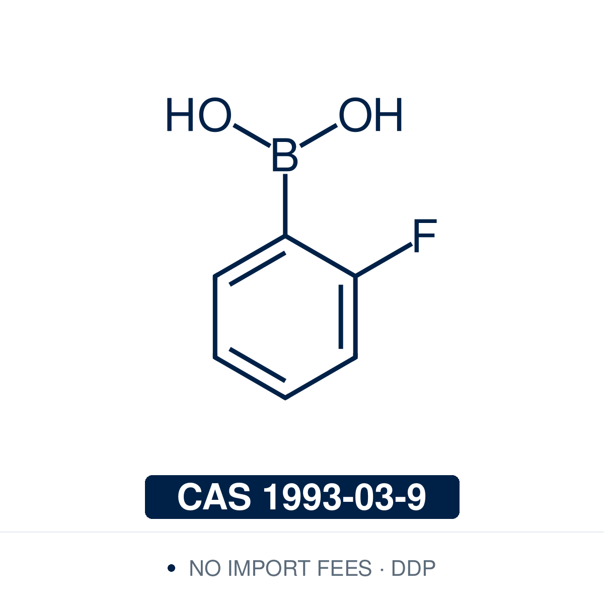 Chemical structure of 2-Fluorophenylboronic Acid, CAS 1993-03-9, ≥98% — electron-poor ortho-fluoro arylboronic acid used in Pd-catalysed Suzuki-Miyaura coupling, Cu Chan-Lam C–N/C–O coupling, Rh/Ni conjugate additions, and photoredox arylation in pharma/materials synthesis, with the ortho-fluorine handle valuable for tuning lipophilicity, blocking metabolic oxidation, and ¹⁹F NMR studies in medicinal chemistry. Supplied by NorrChemica with DDP shipping. CoA and SDS provided.