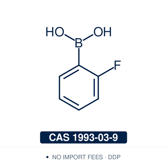 Chemical structure of 2-Fluorophenylboronic Acid, CAS 1993-03-9, ≥98% — electron-poor ortho-fluoro arylboronic acid used in Pd-catalysed Suzuki-Miyaura coupling, Cu Chan-Lam C–N/C–O coupling, Rh/Ni conjugate additions, and photoredox arylation in pharma/materials synthesis, with the ortho-fluorine handle valuable for tuning lipophilicity, blocking metabolic oxidation, and ¹⁹F NMR studies in medicinal chemistry. Supplied by NorrChemica with DDP shipping. CoA and SDS provided.