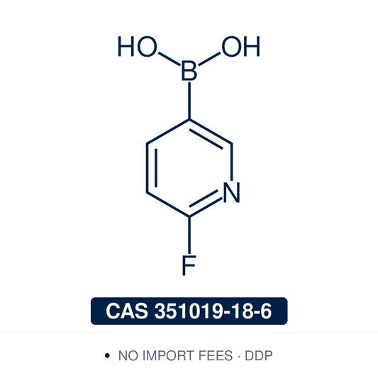 Chemical structure of 2-Fluoropyridine-5-boronic Acid, CAS 351019-18-6, ≥98% — heteroaromatic pyridyl boronic acid used in Pd-catalysed Suzuki-Miyaura coupling, Cu Chan-Lam C–N/C–O coupling, Rh/Ni conjugate additions, and photoredox arylation in pharma/materials synthesis, with the 2-fluoropyridine handle valuable for SNAr displacement by amines, alkoxides, and thiolates in medicinal chemistry pyridine SAR. Supplied by NorrChemica with DDP shipping. CoA and SDS provided.