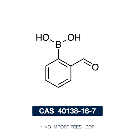 Chemical structure of 2-Formylphenylboronic Acid (2-FPBA), CAS 40138-16-7, ≥98% — (2-formylphenyl)boronic acid, a Suzuki–Miyaura coupling reagent and iminoboronate-forming reagent for reversible bioconjugation, amine and protein labelling, and dynamic covalent chemistry. Supplied by NorrChemica with DDP shipping. CoA and SDS provided.