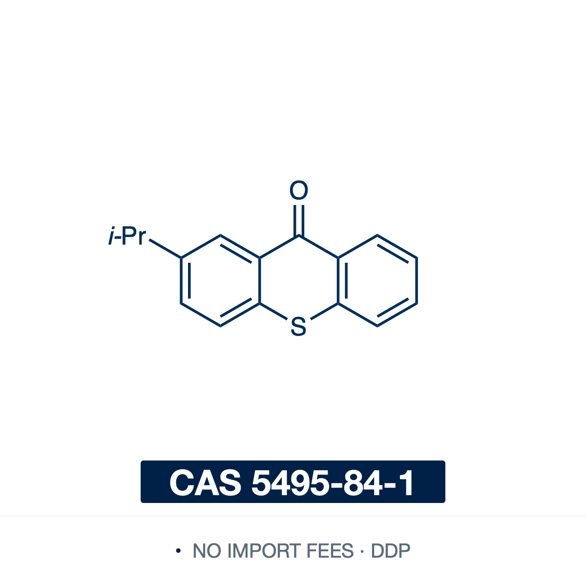 Chemical structure of 2-Isopropylthioxanthone (ITX; 2-isopropyl-9H-thioxanthen-9-one), CAS 5495-84-1, ≥98% — thioxanthone Norrish Type II photoinitiator and triplet photosensitizer (C16H14OS), a thioxanthen-9-one with an isopropyl group at the 2-position, absorbing near-UV light (~259/383 nm). Used with amine synergists in UV- and LED-curable inks, coatings and adhesives, and as a long-wavelength sensitizer for other photoinitiators. Supplied by NorrChemica with DDP shipping. CoA and SDS provided.