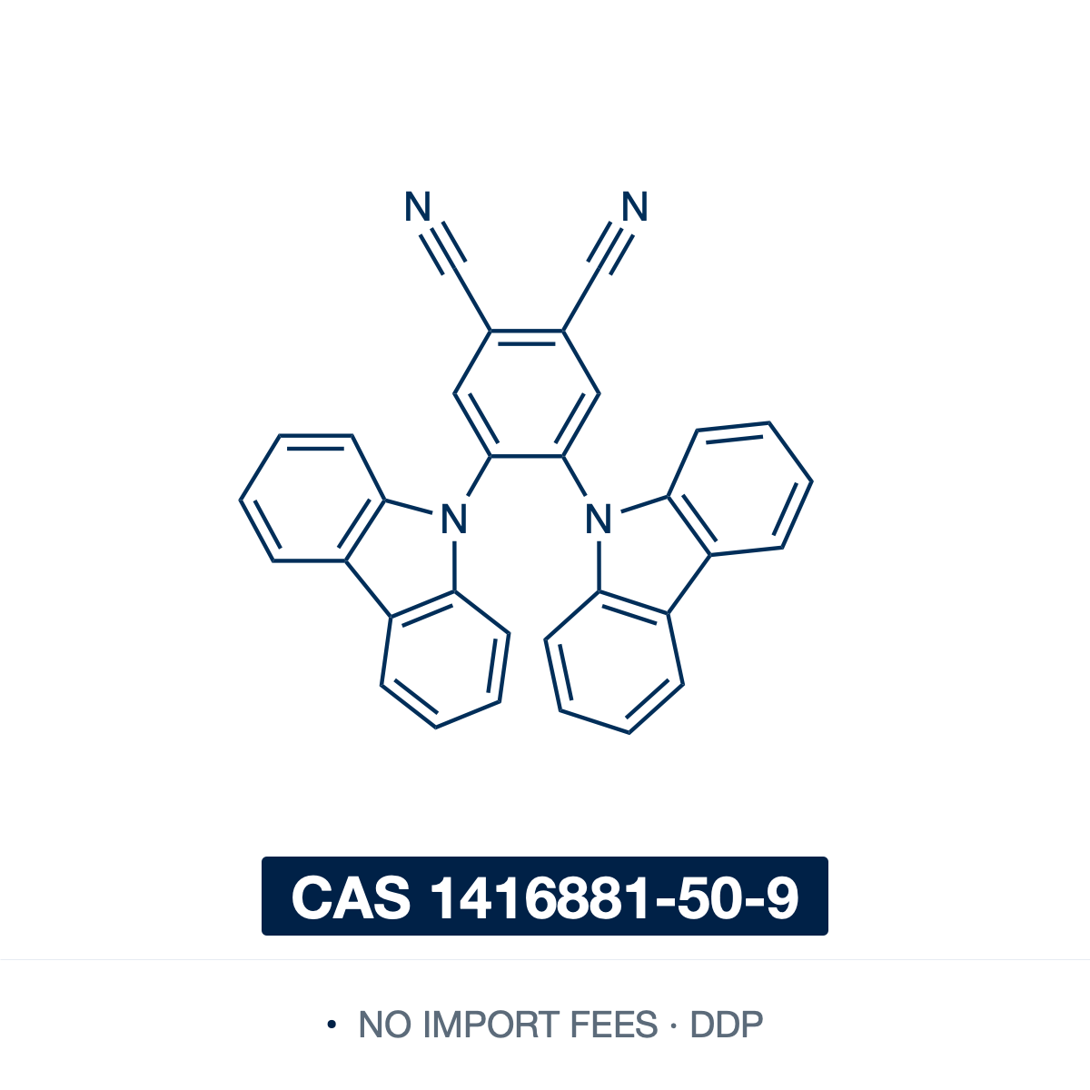 Chemical structure of 2CzPN (4,5-di(9H-carbazol-9-yl)phthalonitrile; 4,5-bis(carbazol-9-yl)-1,2-dicyanobenzene), CAS 1416881-50-9, ≥97% — donor-acceptor carbazolyl-dicyanobenzene TADF material (C32H18N4), two carbazole donors on a phthalonitrile (1,2-dicyanobenzene) acceptor, sterically twisted for a small singlet-triplet gap. A sky-blue TADF emitter for OLEDs (photoluminescence ~473 nm) and a metal-free visible-light photocatalyst of the 4CzIPN family. Supplied by NorrChemica with DDP shipping. CoA and SDS
