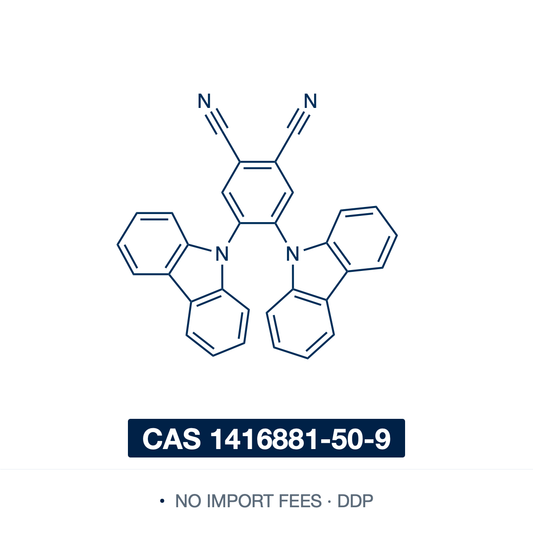 Chemical structure of 2CzPN (4,5-di(9H-carbazol-9-yl)phthalonitrile; 4,5-bis(carbazol-9-yl)-1,2-dicyanobenzene), CAS 1416881-50-9, ≥97% — donor-acceptor carbazolyl-dicyanobenzene TADF material (C32H18N4), two carbazole donors on a phthalonitrile (1,2-dicyanobenzene) acceptor, sterically twisted for a small singlet-triplet gap. A sky-blue TADF emitter for OLEDs (photoluminescence ~473 nm) and a metal-free visible-light photocatalyst of the 4CzIPN family. Supplied by NorrChemica with DDP shipping. CoA and SDS