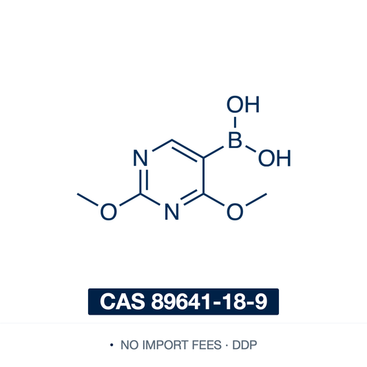 Chemical structure of 2,4-Dimethoxypyrimidine-5-boronic Acid ((2,4-dimethoxypyrimidin-5-yl)boronic acid), CAS 89641-18-9, ≥98% — heteroarylboronic acid with a –B(OH)2 at the 5-position of a 2,4-dimethoxypyrimidine (a masked uracil) ring (C6H9BN2O4; the free boronic acid, may contain some cyclic anhydride/boroxine). A Suzuki–Miyaura cross-coupling building block for installing the 2,4-dimethoxypyrimidin-5-yl group in pharmaceutical synthesis. Supplied by NorrChemica with DDP shipping. CoA and SDS provided.