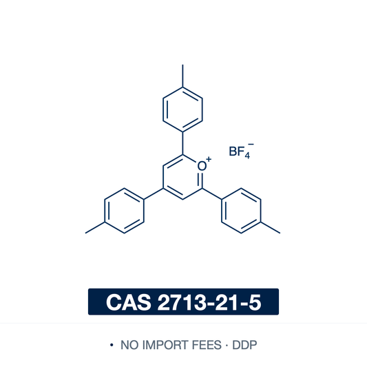 Chemical structure of 2,4,6-Tri-p-tolylpyrylium Tetrafluoroborate, CAS 2713-21-5, ≥98% — pyrylium salt photocatalyst (C26H23BF4O), drawn as the aromatic pyrylium cation, a six-membered oxygen heterocycle bearing three p-tolyl groups at the 2,4,6-positions, with a tetrafluoroborate (BF4-) counterion. A strong metal-free visible-light photooxidant used for photocatalytic rearrangements, cationic and PET-RAFT photopolymerization, and electron-transfer catalysis. Supplied by NorrChemica with DDP shipping. CoA