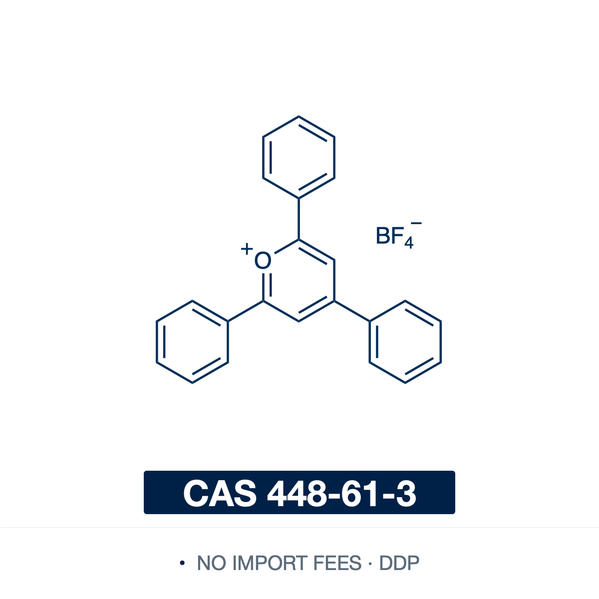 Chemical structure of 2,4,6-Triphenylpyrylium tetrafluoroborate, CAS 448-61-3, ≥95% — 2,4,6-triphenylpyrylium tetrafluoroborate, a visible-light organic photoredox photocatalyst and single-electron photo-oxidant for radical-cation and energy-transfer reactions. Supplied by NorrChemica with DDP shipping. CoA and SDS provided.
