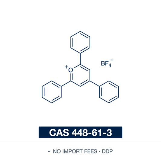 Chemical structure of 2,4,6-Triphenylpyrylium tetrafluoroborate, CAS 448-61-3, ≥95% — 2,4,6-triphenylpyrylium tetrafluoroborate, a visible-light organic photoredox photocatalyst and single-electron photo-oxidant for radical-cation and energy-transfer reactions. Supplied by NorrChemica with DDP shipping. CoA and SDS provided.