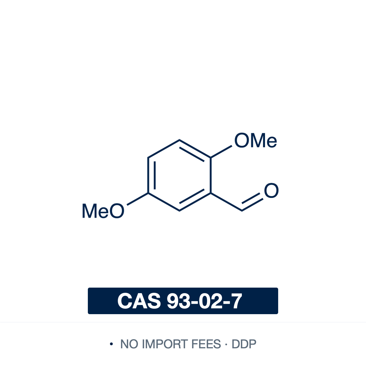 Chemical structure of 2,5-Dimethoxybenzaldehyde (2,5-DMBA), CAS 93-02-7, ≥98% — electron-rich aromatic aldehyde with methoxy groups at the 2- and 5-positions of benzaldehyde (C9H10O3). A versatile fine-chemical building block whose reactive aldehyde undergoes aldol, Knoevenagel and Schiff-base condensations, reductive amination and Wittig reactions; used as an intermediate in pharmaceutical, fragrance and specialty-chemical synthesis. Supplied by NorrChemica with DDP shipping. CoA and SDS provided.