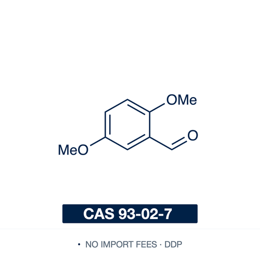 Chemical structure of 2,5-Dimethoxybenzaldehyde (2,5-DMBA), CAS 93-02-7, ≥98% — electron-rich aromatic aldehyde with methoxy groups at the 2- and 5-positions of benzaldehyde (C9H10O3). A versatile fine-chemical building block whose reactive aldehyde undergoes aldol, Knoevenagel and Schiff-base condensations, reductive amination and Wittig reactions; used as an intermediate in pharmaceutical, fragrance and specialty-chemical synthesis. Supplied by NorrChemica with DDP shipping. CoA and SDS provided.