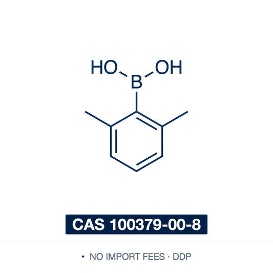 Chemical structure of 2,6-Dimethylphenylboronic Acid, CAS 100379-00-8, ≥98% — sterically hindered arylboronic acid with boron flanked by methyls at both ortho positions, supplied as the free acid containing varying amounts of the cyclic anhydride. Used in palladium-catalysed Suzuki–Miyaura coupling to install a 2,6-xylyl group, in nickel-catalysed coupling of chromene acetals, and in ipso-nitration of arylboronic acids. Supplied by NorrChemica with DDP shipping. CoA and SDS provided.