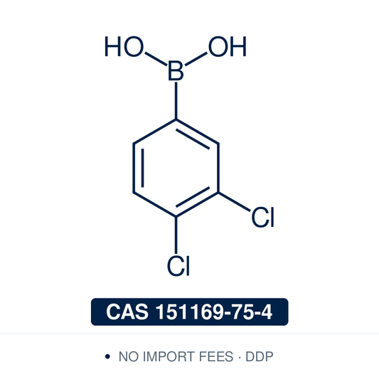 Chemical structure of 3,4-Dichlorophenylboronic Acid, CAS 151169-75-4, ≥98% — electron-poor 3,4-dichloro arylboronic acid used in Pd-catalysed Suzuki-Miyaura coupling, Cu Chan-Lam C–N/C–O coupling, Rh/Ni conjugate additions, and photoredox arylation in pharma/materials synthesis, with the 3,4-dichlorophenyl scaffold valuable as a privileged fragment in pharmaceutical and agrochemical intermediates. Supplied by NorrChemica with DDP shipping. CoA and SDS provided.