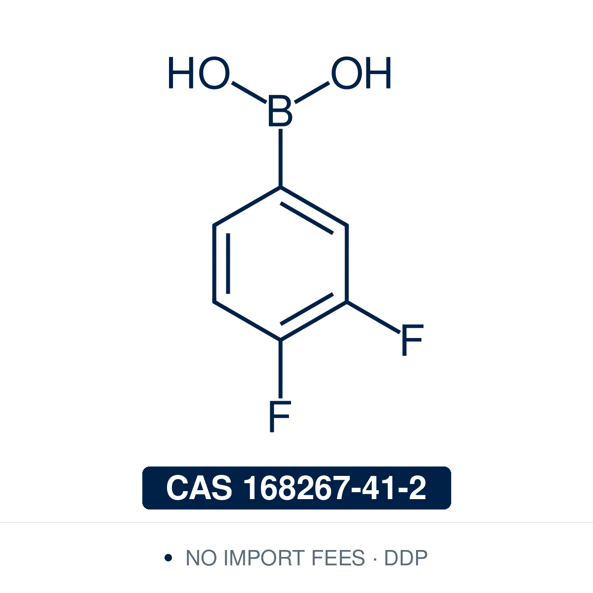 Chemical structure of 3,4-Difluorophenylboronic Acid, CAS 168267-41-2, ≥98% — electron-poor 3,4-difluoro-substituted arylboronic acid used in Pd-catalysed Suzuki-Miyaura coupling, Cu Chan-Lam C–N/C–O coupling, Rh/Ni conjugate additions, and photoredox arylation in pharma/materials synthesis, with the difluoro motif valuable for ¹⁹F NMR studies and bioactive scaffold design. Supplied by NorrChemica with DDP shipping. CoA and SDS provided.​​​​​​​​​​​​​​​​