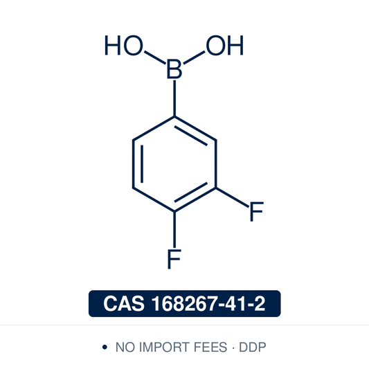 Chemical structure of 3,4-Difluorophenylboronic Acid, CAS 168267-41-2, ≥98% — electron-poor 3,4-difluoro-substituted arylboronic acid used in Pd-catalysed Suzuki-Miyaura coupling, Cu Chan-Lam C–N/C–O coupling, Rh/Ni conjugate additions, and photoredox arylation in pharma/materials synthesis, with the difluoro motif valuable for ¹⁹F NMR studies and bioactive scaffold design. Supplied by NorrChemica with DDP shipping. CoA and SDS provided.​​​​​​​​​​​​​​​​