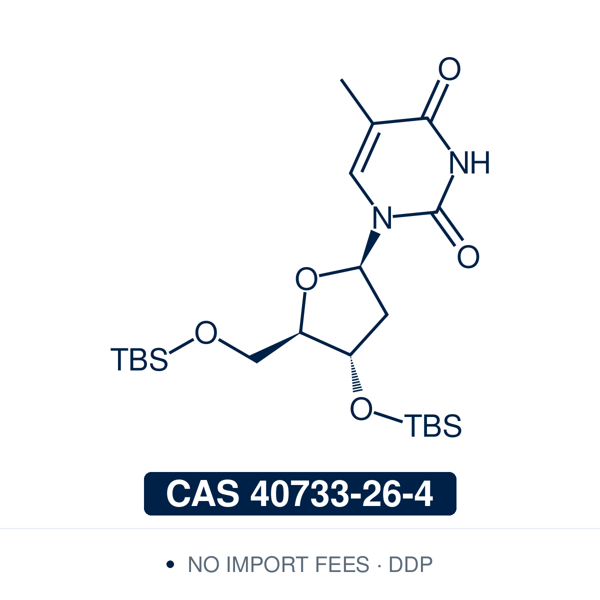 Chemical structure of 3′,5′-Bis-O-(tert-butyldimethylsilyl)thymidine, CAS 40733-26-4, ≥98% — silyl-protected thymidine building block used in oligonucleotide synthesis, nucleoside chemistry, and as a protected intermediate for selective functionalization at the nucleobase. Supplied by NorrChemica with DDP shipping. CoA and SDS provided.​​​​​​​​​​​​​​​​