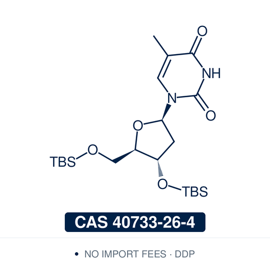 Chemical structure of 3′,5′-Bis-O-(tert-butyldimethylsilyl)thymidine, CAS 40733-26-4, ≥98% — silyl-protected thymidine building block used in oligonucleotide synthesis, nucleoside chemistry, and as a protected intermediate for selective functionalization at the nucleobase. Supplied by NorrChemica with DDP shipping. CoA and SDS provided.​​​​​​​​​​​​​​​​