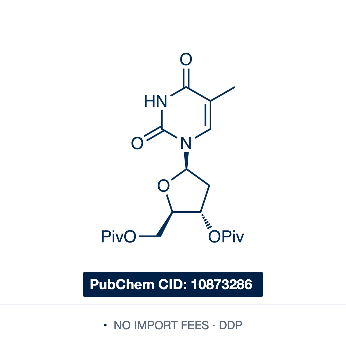 Chemical structure of 3′,5′-Di-O-Pivaloylthymidine, ≥98% — pivaloyl-protected thymidine derivative used as a building block in oligonucleotide synthesis, nucleoside chemistry, and as a sugar-protected intermediate for selective modification of the thymine base. Supplied by NorrChemica with DDP shipping. CoA and SDS provided.​​​​​​​​​​​​​​​​