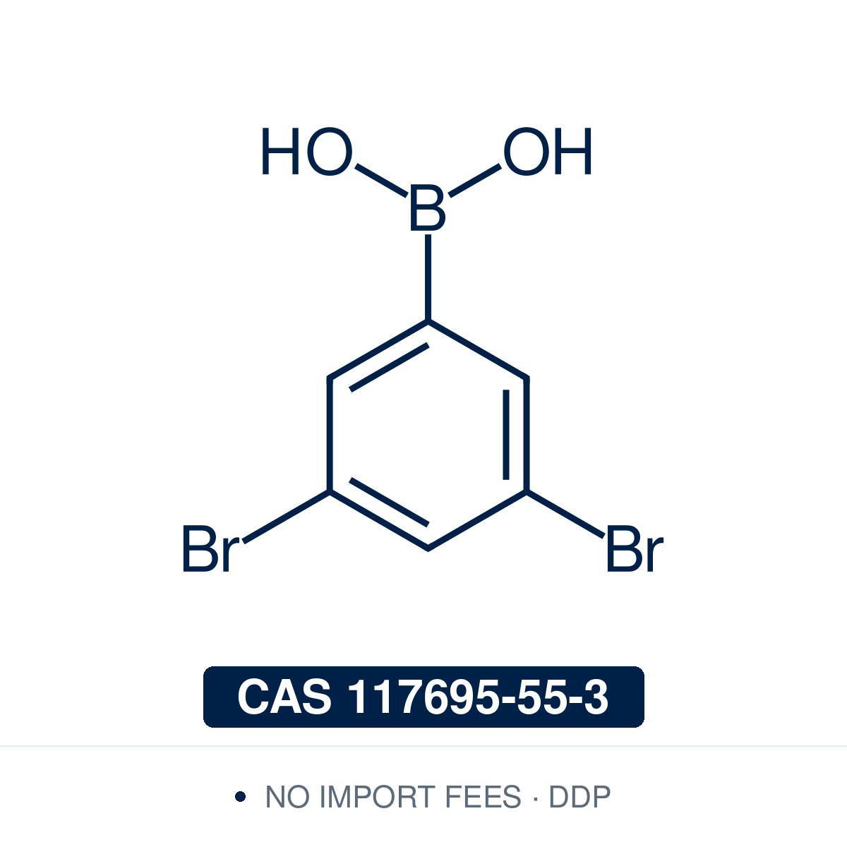 Chemical structure of 3,5-Dibromophenylboronic Acid, CAS 117695-55-3, ≥98% — symmetrical 3,5-dibromo arylboronic acid used in Pd-catalysed Suzuki-Miyaura coupling, Cu Chan-Lam C–N/C–O coupling, Rh/Ni conjugate additions, and photoredox arylation in pharma/materials synthesis, with two equivalent C–Br handles for double cross-coupling toward 1,3,5-trisubstituted arenes and dendritic scaffolds. Supplied by NorrChemica with DDP shipping. CoA and SDS provided.