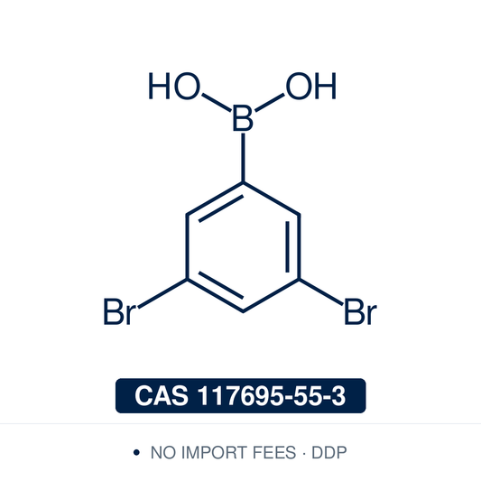 Chemical structure of 3,5-Dibromophenylboronic Acid, CAS 117695-55-3, ≥98% — symmetrical 3,5-dibromo arylboronic acid used in Pd-catalysed Suzuki-Miyaura coupling, Cu Chan-Lam C–N/C–O coupling, Rh/Ni conjugate additions, and photoredox arylation in pharma/materials synthesis, with two equivalent C–Br handles for double cross-coupling toward 1,3,5-trisubstituted arenes and dendritic scaffolds. Supplied by NorrChemica with DDP shipping. CoA and SDS provided.