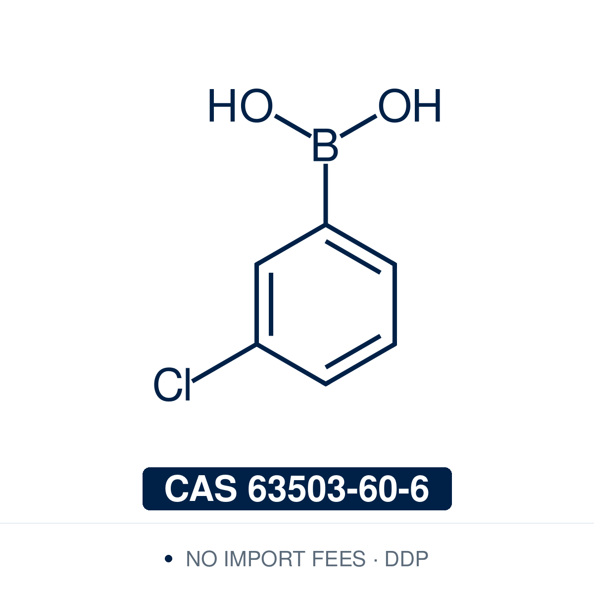 Chemical structure of 3-Chlorophenylboronic Acid, CAS 63503-60-6, ≥98% — electron-poor meta-chloro arylboronic acid used in Pd-catalysed Suzuki-Miyaura coupling, Cu Chan-Lam C–N/C–O coupling, Rh/Ni conjugate additions, and photoredox arylation in pharma/materials synthesis, with the 3-chlorophenyl scaffold valuable as a privileged fragment in pharmaceutical and agrochemical intermediates. Supplied by NorrChemica with DDP shipping. CoA and SDS provided.