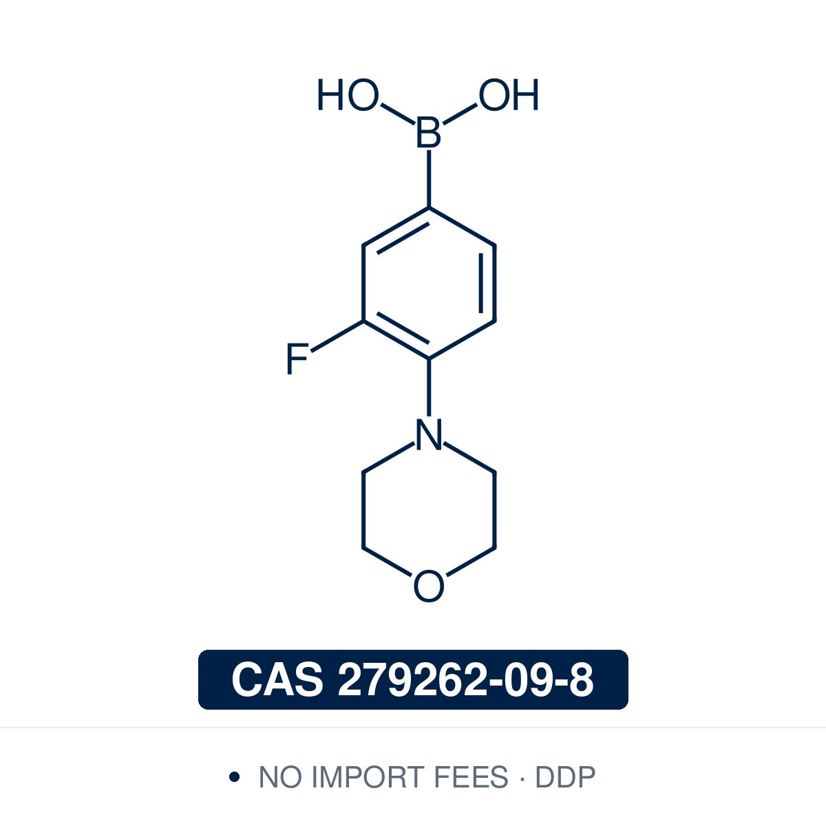Chemical structure of 3-Fluoro-4-morpholinophenylboronic Acid, CAS 279262-09-8, ≥95% — ortho-fluoro, para-morpholino arylboronic acid used in Pd-catalysed Suzuki-Miyaura coupling, Cu Chan-Lam C–N/C–O coupling, Rh/Ni conjugate additions, and photoredox arylation in pharma/materials synthesis, with the morpholine tertiary amine handle widely used in medicinal chemistry to modulate solubility, basicity, and pharmacokinetics. Supplied by NorrChemica with DDP shipping. CoA and SDS provided.​​​​​​​​​​​​​​​​