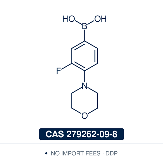 Chemical structure of 3-Fluoro-4-morpholinophenylboronic Acid, CAS 279262-09-8, ≥95% — ortho-fluoro, para-morpholino arylboronic acid used in Pd-catalysed Suzuki-Miyaura coupling, Cu Chan-Lam C–N/C–O coupling, Rh/Ni conjugate additions, and photoredox arylation in pharma/materials synthesis, with the morpholine tertiary amine handle widely used in medicinal chemistry to modulate solubility, basicity, and pharmacokinetics. Supplied by NorrChemica with DDP shipping. CoA and SDS provided.​​​​​​​​​​​​​​​​