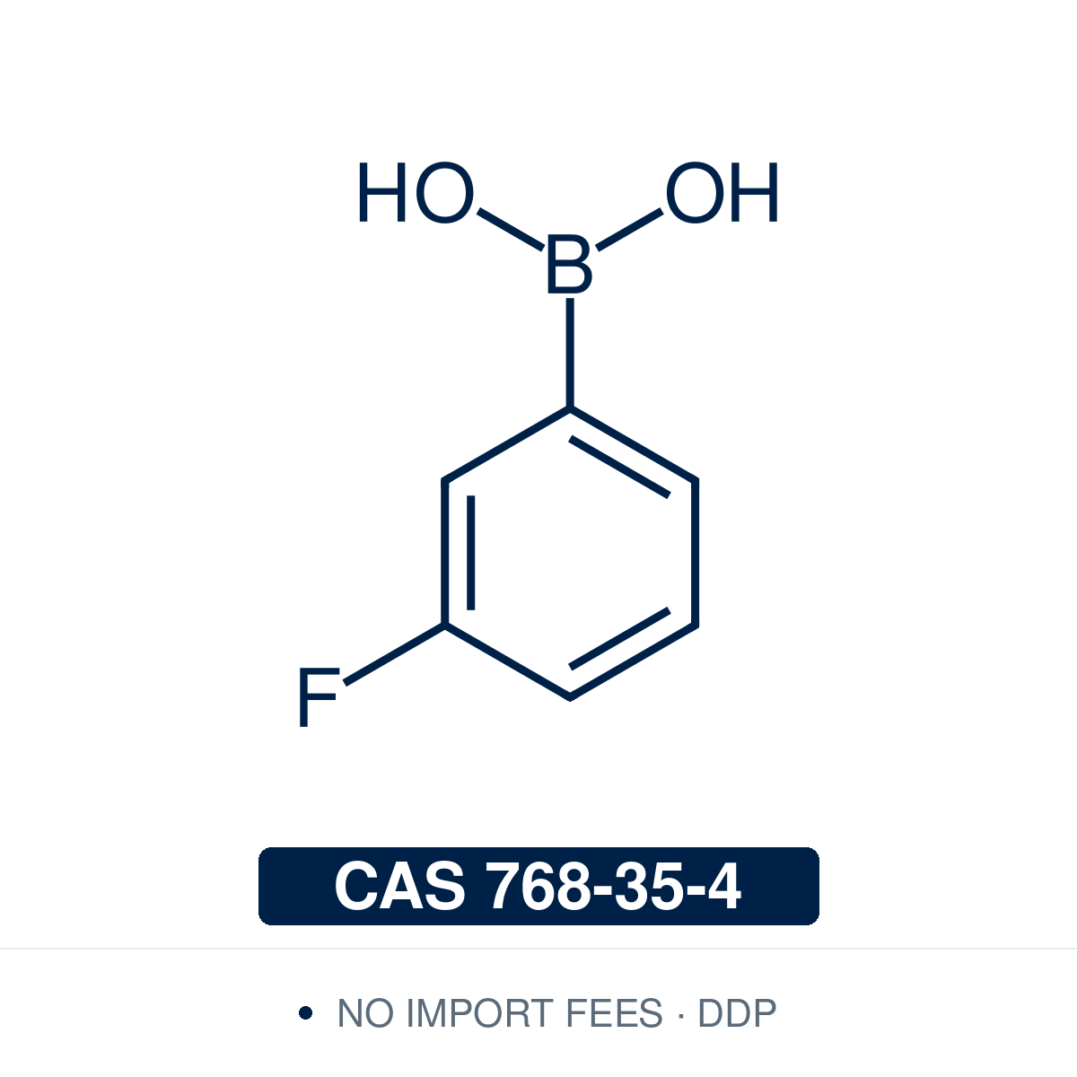 Chemical structure of 3-Fluorophenylboronic Acid, CAS 768-35-4, ≥98% — meta-fluoro-substituted arylboronic acid used in Pd-catalysed Suzuki-Miyaura coupling, Cu Chan-Lam C–N/C–O coupling, Rh/Ni conjugate additions, and photoredox arylation in pharma/materials synthesis, with the meta-fluorine handle valuable for ¹⁹F NMR studies and PET-tracer precursor work. Supplied by NorrChemica with DDP shipping. CoA and SDS provided.​​​​​​​​​​​​​​​​