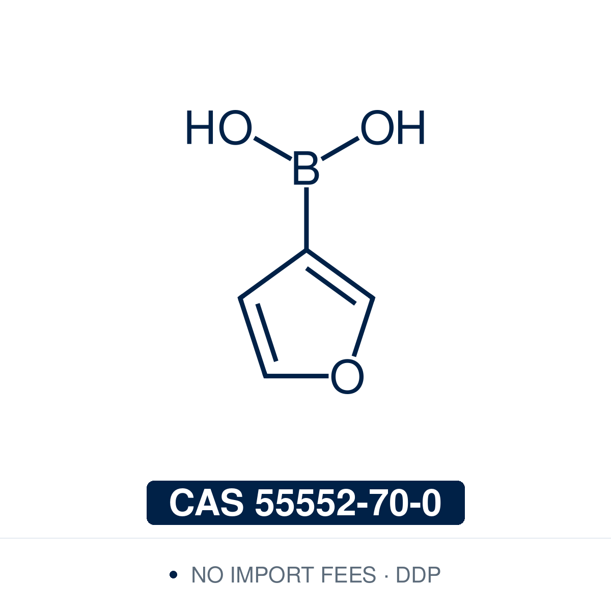 Chemical structure of 3-Furanboronic Acid, CAS 55552-70-0, ≥97% — heteroaromatic furan-3-boronic acid used in Pd-catalysed Suzuki-Miyaura coupling, Cu Chan-Lam C–N/C–O coupling, Rh/Ni conjugate additions, and photoredox arylation in pharma/materials synthesis, providing access to 3-substituted furans as scaffolds in natural-product synthesis, medicinal chemistry, and π-conjugated materials. Supplied by NorrChemica with DDP shipping. CoA and SDS provided.
