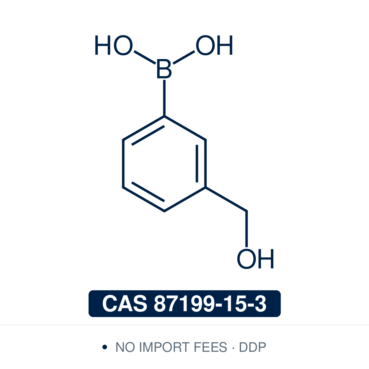 Chemical structure of 3-(Hydroxymethyl)phenylboronic Acid, CAS 87199-15-3, ≥98% — meta-hydroxymethyl arylboronic acid used in Pd-catalysed Suzuki-Miyaura coupling, Cu Chan-Lam C–N/C–O coupling, Rh/Ni conjugate additions, and photoredox arylation in pharma/materials synthesis, with the hydroxymethyl handle valuable as a dual-reactive site for late-stage diversification through esterification, oxidation, and ether formation. Supplied by NorrChemica with DDP shipping. CoA and SDS provided.
