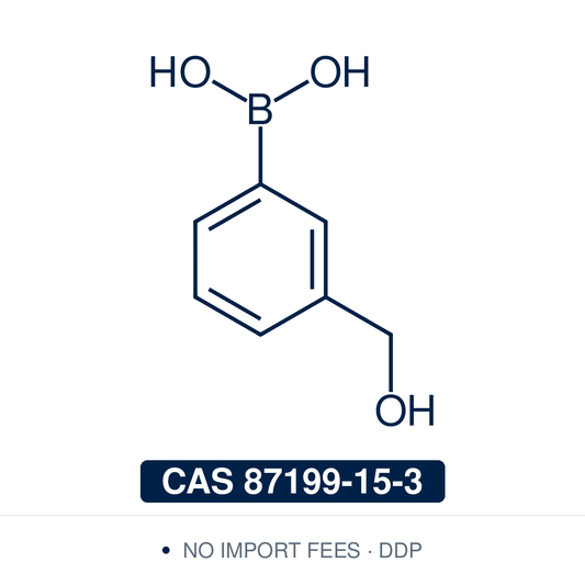 Chemical structure of 3-(Hydroxymethyl)phenylboronic Acid, CAS 87199-15-3, ≥98% — meta-hydroxymethyl arylboronic acid used in Pd-catalysed Suzuki-Miyaura coupling, Cu Chan-Lam C–N/C–O coupling, Rh/Ni conjugate additions, and photoredox arylation in pharma/materials synthesis, with the hydroxymethyl handle valuable as a dual-reactive site for late-stage diversification through esterification, oxidation, and ether formation. Supplied by NorrChemica with DDP shipping. CoA and SDS provided.
