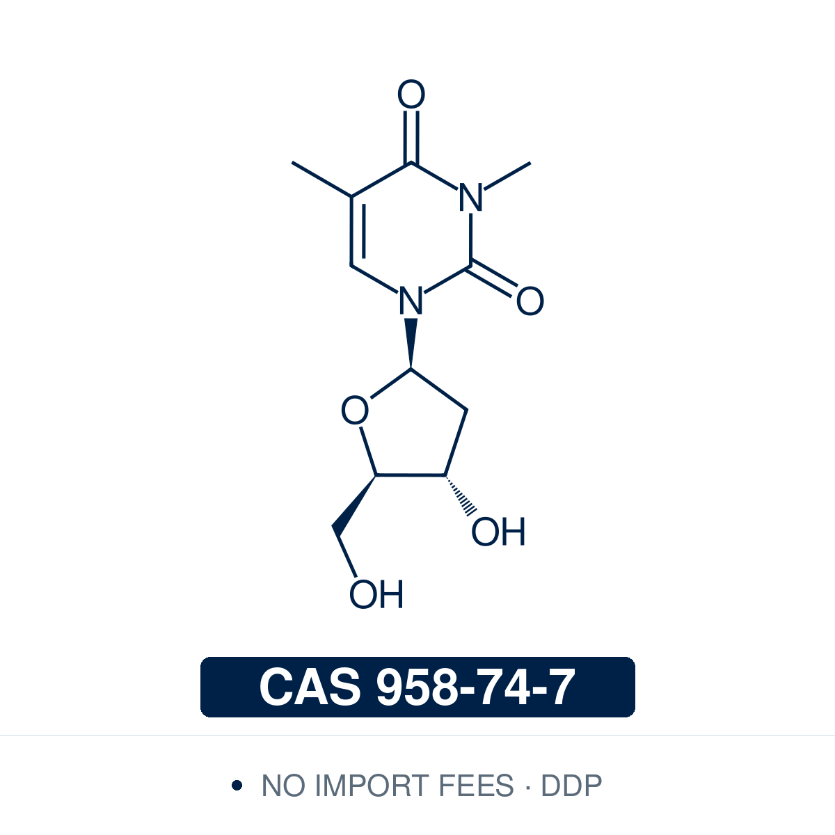 Chemical structure of N3-Methylthymidine (N3-Methyl-dT), CAS 958-74-7, ≥98% — N3-methylated thymidine analogue used as a building block in oligonucleotide synthesis, modified nucleoside chemistry, and for studying the effects of N3-methylation on base-pairing and duplex stability. Supplied by NorrChemica with DDP shipping. CoA and SDS provided.​​​​​​​​​​​​​​​​