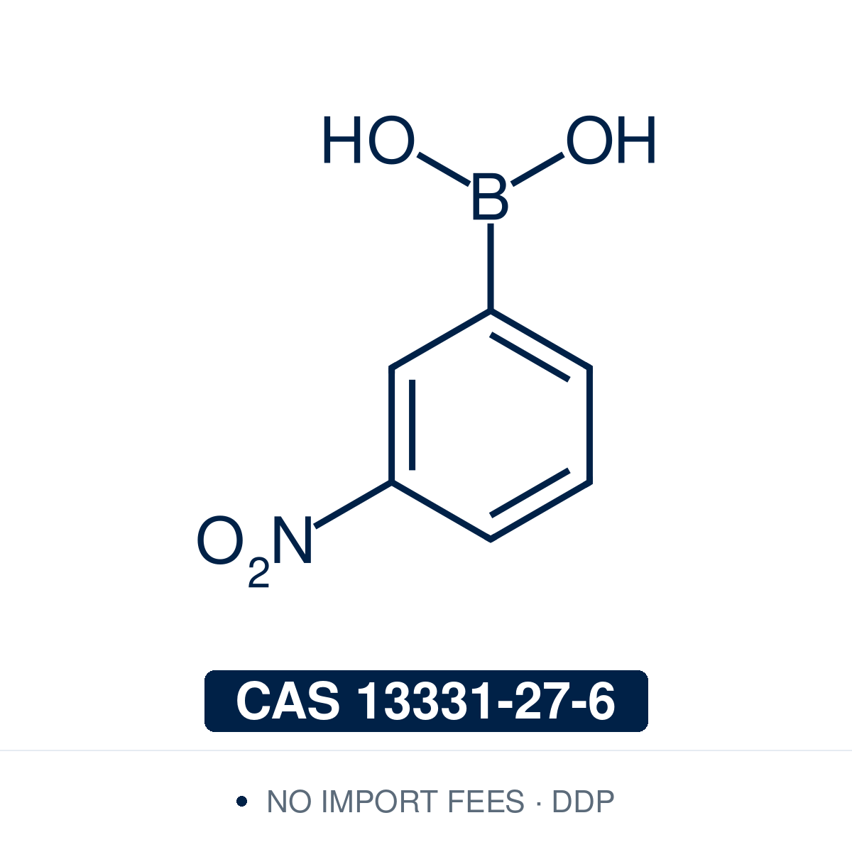 Chemical structure of 3-Nitrophenylboronic Acid, CAS 13331-27-6, ≥98% — electron-poor meta-nitro arylboronic acid used in Pd-catalysed Suzuki-Miyaura coupling, Cu Chan-Lam C–N/C–O coupling, Rh/Ni conjugate additions, and photoredox arylation in pharma/materials synthesis, with the nitro handle valuable for reduction to anilines and downstream construction of nitrogen-containing scaffolds. Supplied by NorrChemica with DDP shipping. CoA and SDS provided.