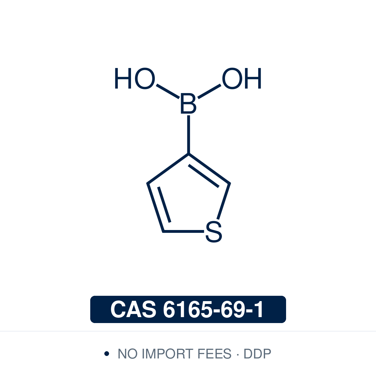 Chemical structure of 3-Thienylboronic Acid, CAS 6165-69-1, ≥98% — heteroaromatic thiophene-3-boronic acid used in Pd-catalysed Suzuki-Miyaura coupling, Cu Chan-Lam C–N/C–O coupling, Rh/Ni conjugate additions, and photoredox arylation in pharma/materials synthesis, providing access to 3-substituted thiophenes as scaffolds in conjugated polymers, organic semiconductors, OLED/OPV materials, and medicinal chemistry. Supplied by NorrChemica with DDP shipping. CoA and SDS provided.
