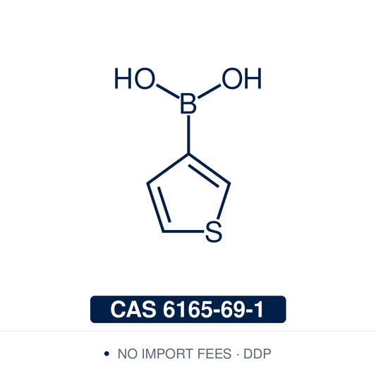 Chemical structure of 3-Thienylboronic Acid, CAS 6165-69-1, ≥98% — heteroaromatic thiophene-3-boronic acid used in Pd-catalysed Suzuki-Miyaura coupling, Cu Chan-Lam C–N/C–O coupling, Rh/Ni conjugate additions, and photoredox arylation in pharma/materials synthesis, providing access to 3-substituted thiophenes as scaffolds in conjugated polymers, organic semiconductors, OLED/OPV materials, and medicinal chemistry. Supplied by NorrChemica with DDP shipping. CoA and SDS provided.