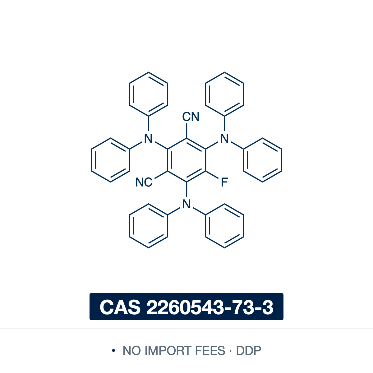 Chemical structure of 3DPAFIPN (2,4,6-tris(diphenylamino)-5-fluoroisophthalonitrile), CAS 2260543-73-3, ≥97% — metal-free cyanoarene photocatalyst and TADF emitter (C44H30FN5), a donor-acceptor molecule with three diphenylamine donors and a fluorine around an isophthalonitrile acceptor. A visible-light single-electron-transfer photocatalyst of the 4CzIPN family, used for C-C, C-N and C-P bond formation and cyclizations. Supplied by NorrChemica with DDP shipping. CoA and SDS provided.