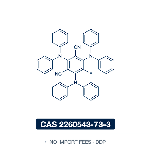 Chemical structure of 3DPAFIPN (2,4,6-tris(diphenylamino)-5-fluoroisophthalonitrile), CAS 2260543-73-3, ≥97% — metal-free cyanoarene photocatalyst and TADF emitter (C44H30FN5), a donor-acceptor molecule with three diphenylamine donors and a fluorine around an isophthalonitrile acceptor. A visible-light single-electron-transfer photocatalyst of the 4CzIPN family, used for C-C, C-N and C-P bond formation and cyclizations. Supplied by NorrChemica with DDP shipping. CoA and SDS provided.
