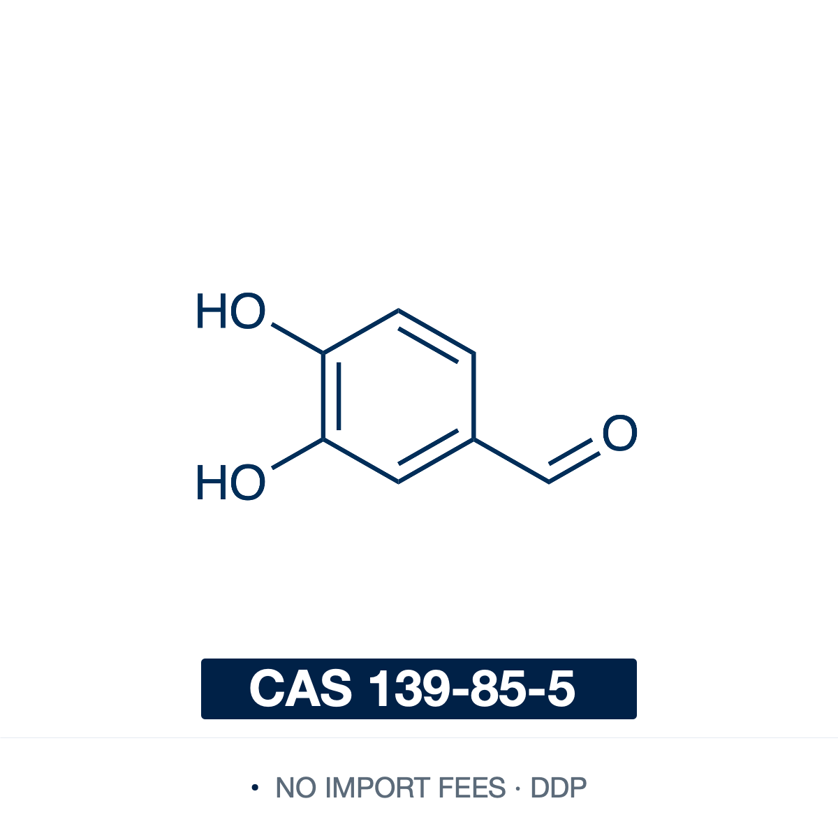 Chemical structure of 3,4-Dihydroxybenzaldehyde (Protocatechualdehyde; 4-formylcatechol), CAS 139-85-5, ≥98% — naturally occurring phenolic aldehyde (C7H6O3), a catechol bearing an aldehyde at the 4-position. A plant-derived antioxidant and pharmaceutical intermediate used as a synthetic building block for Schiff-base ligands and as a marker or reference standard for Salvia miltiorrhiza (Danshen). Supplied by NorrChemica with DDP shipping. CoA and SDS provided.