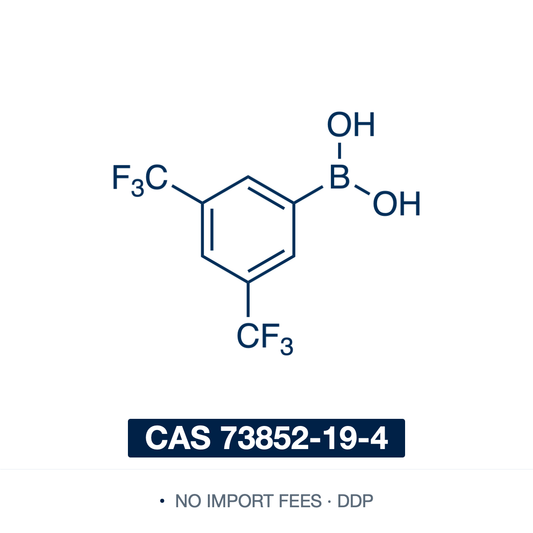 Chemical structure of 3,5-Bis(trifluoromethyl)phenylboronic Acid, CAS 73852-19-4, ≥98% — electron-poor arylboronic acid with a –B(OH)2 flanked by two meta CF3 groups (C8H5BF6O2; the free boronic acid, may contain some cyclic anhydride/boroxine). A Suzuki–Miyaura cross-coupling building block for installing the electron-deficient 3,5-bis(CF3)phenyl motif in pharma and agrochemical synthesis; the CF3 groups also improve resistance to protodeboronation. Supplied by NorrChemica with DDP shipping. CoA and SDS