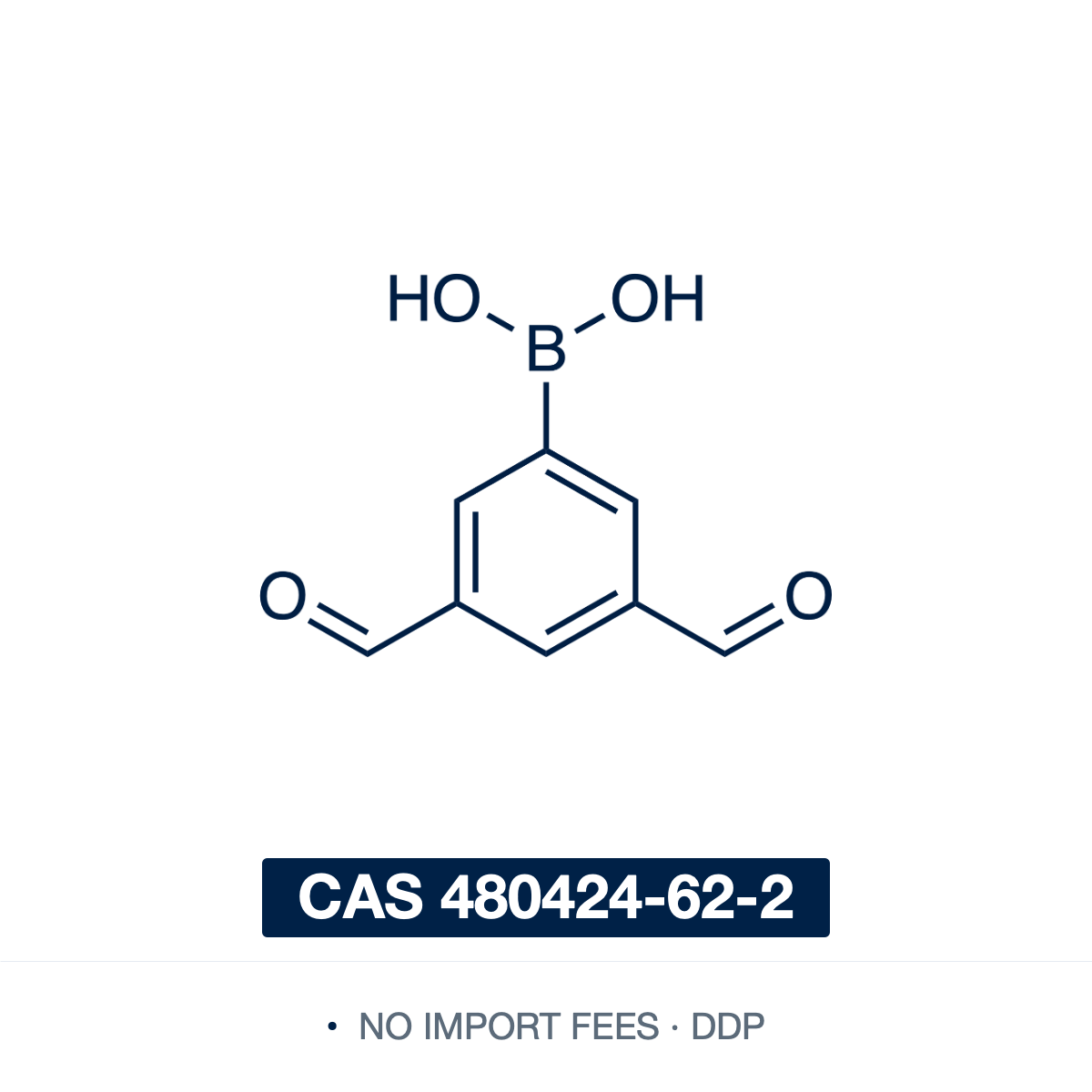 Chemical structure of (3,5-Diformylphenyl)boronic Acid, CAS 480424-62-2, ≥98% — (3,5-diformylphenyl)boronic acid, a Suzuki–Miyaura coupling reagent whose two aldehydes drive imine condensation and dynamic covalent chemistry toward covalent organic frameworks and molecular cages. Supplied by NorrChemica with DDP shipping. CoA and SDS provided.