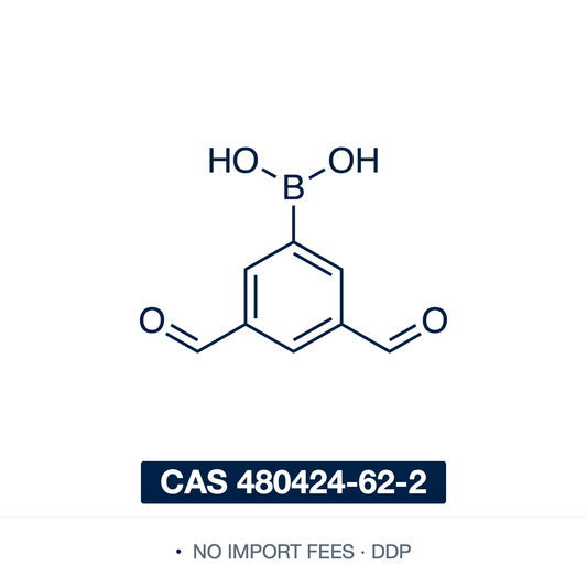Chemical structure of (3,5-Diformylphenyl)boronic Acid, CAS 480424-62-2, ≥98% — (3,5-diformylphenyl)boronic acid, a Suzuki–Miyaura coupling reagent whose two aldehydes drive imine condensation and dynamic covalent chemistry toward covalent organic frameworks and molecular cages. Supplied by NorrChemica with DDP shipping. CoA and SDS provided.