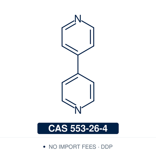 Chemical structure of 4,4'-Bipyridine (4,4'-dipyridyl, 4,4'-bpy), CAS 553-26-4,  ≥98% — rigid, linear ditopic bridging ligand (C10H8N2) whose para pyridine nitrogens point in opposite directions, linking two metal centres rather than chelating. Used as an organic linker to build metal-organic frameworks, coordination polymers and supramolecular squares/grids, and as a precursor to viologens (N,N'-dialkyl-4,4'-bipyridinium redox materials). Supplied by NorrChemica with DDP shipping. CoA and SDS provided.