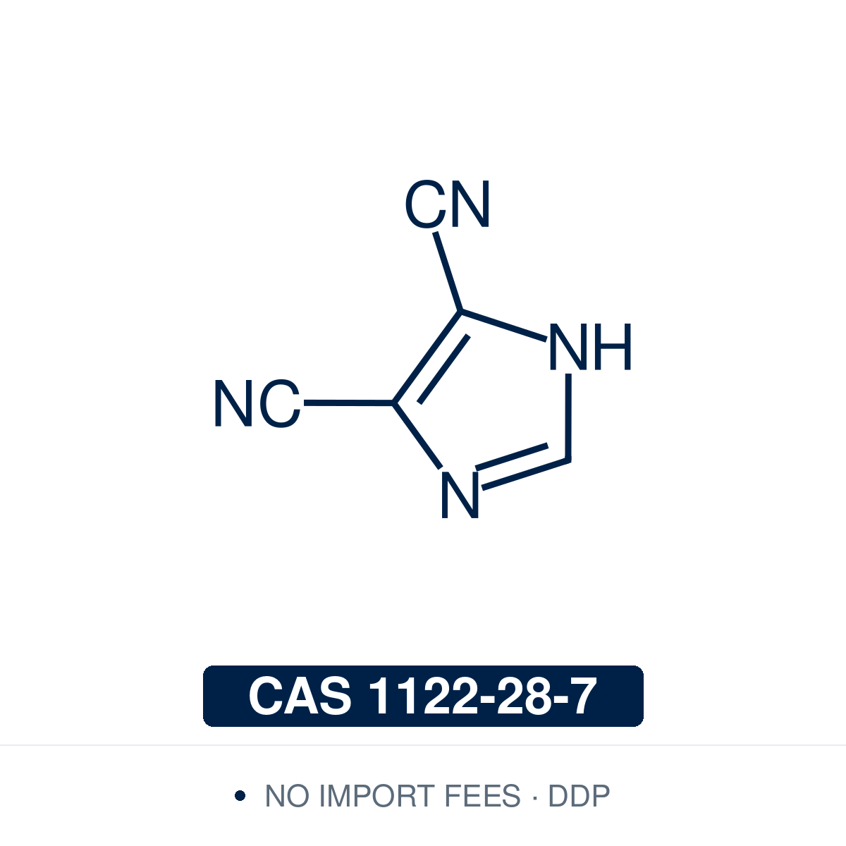 Chemical structure of DCI (4,5-Dicyanoimidazole; 1H-imidazole-4,5-dicarbonitrile), CAS 1122-28-7, 97% — imidazole bearing two cyano groups at the 4- and 5-positions (C5H2N4). Used as an acidic azole activator for nucleoside phosphoramidites in solid-phase oligonucleotide synthesis, a common alternative to 1H-tetrazole, and in the preparation of nucleoside phosphoramidites and modified nucleosides. Supplied by NorrChemica with DDP shipping. CoA and SDS provided.