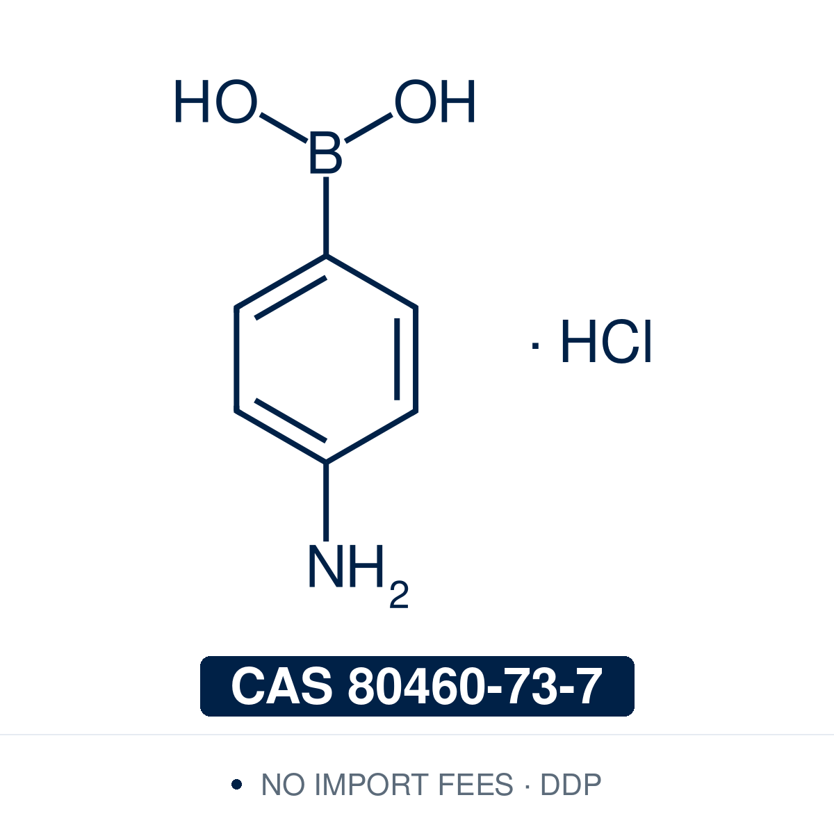 Chemical structure of (4-Aminophenyl)boronic Acid HCl Salt, CAS 80460-73-7, ≥95% — para-amino arylboronic acid hydrochloride salt used in Pd-catalysed Suzuki-Miyaura coupling, Cu Chan-Lam C–N/C–O coupling, Rh/Ni conjugate additions, and photoredox arylation in pharma/materials synthesis, with the free amine handle (recovered on basic workup) valuable for amide coupling, reductive amination, and heterocycle construction. Supplied by NorrChemica with DDP shipping. CoA and SDS provided.