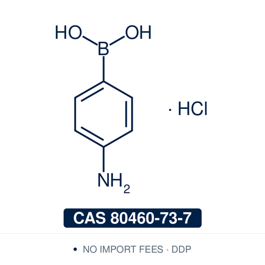 Chemical structure of (4-Aminophenyl)boronic Acid HCl Salt, CAS 80460-73-7, ≥95% — para-amino arylboronic acid hydrochloride salt used in Pd-catalysed Suzuki-Miyaura coupling, Cu Chan-Lam C–N/C–O coupling, Rh/Ni conjugate additions, and photoredox arylation in pharma/materials synthesis, with the free amine handle (recovered on basic workup) valuable for amide coupling, reductive amination, and heterocycle construction. Supplied by NorrChemica with DDP shipping. CoA and SDS provided.