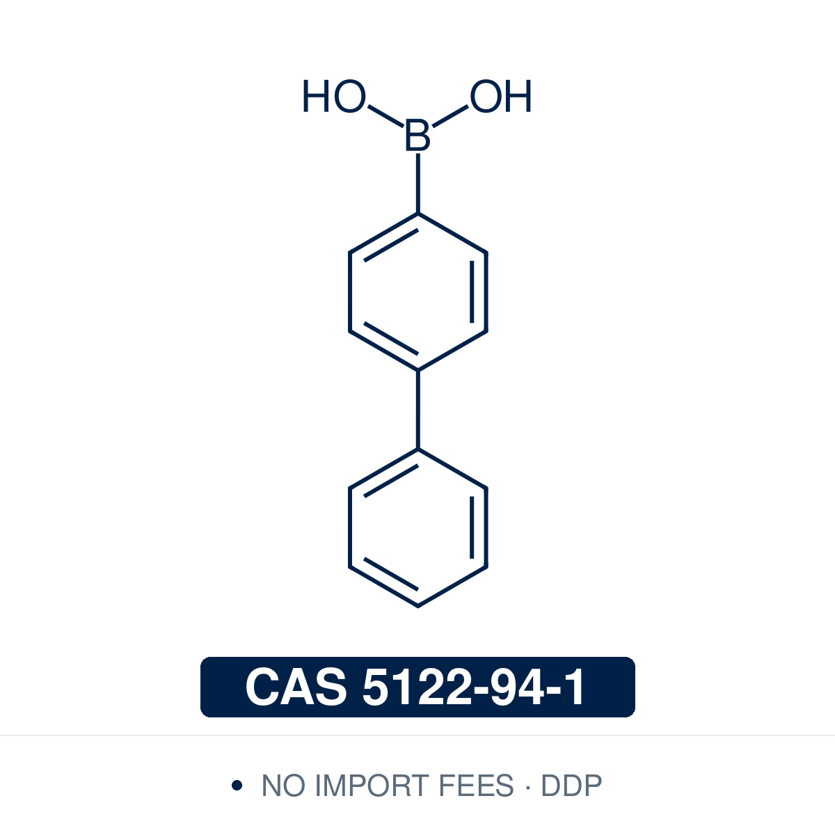 Chemical structure of 4-Biphenylboronic Acid, CAS 5122-94-1, ≥98% — biaryl arylboronic acid building block used in Pd-catalysed Suzuki-Miyaura coupling, Cu Chan-Lam C–N/C–O coupling, Rh/Ni conjugate additions, and photoredox arylation in pharma/materials synthesis, providing access to extended π-conjugated systems for OLED emitters, liquid crystals, and conjugated polymers. Supplied by NorrChemica with DDP shipping. CoA and SDS provided.