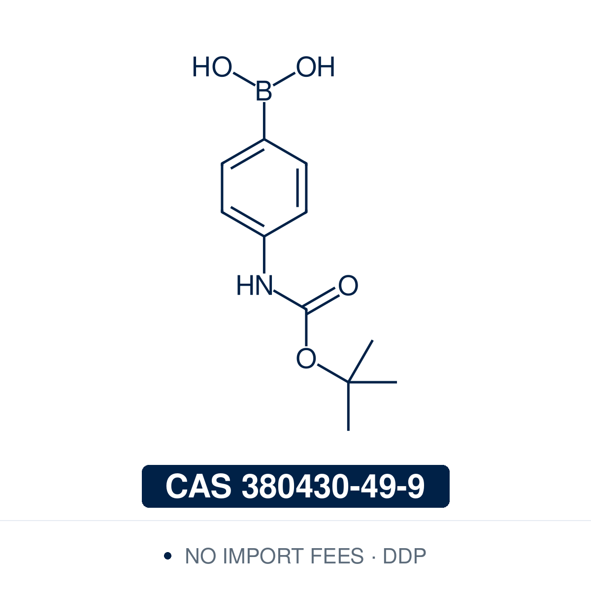 Chemical structure of (4-Boc-aminophenyl)boronic Acid, CAS 380430-49-9, ≥98% — Boc-protected 4-aminophenyl arylboronic acid used in Pd-catalysed Suzuki-Miyaura coupling, Cu Chan-Lam C–N/C–O coupling, Rh/Ni conjugate additions, and photoredox arylation in pharma/materials synthesis, with the Boc carbamate stable to coupling conditions and cleanly removed under acidic conditions to reveal the aniline for amide coupling, reductive amination, and heterocycle construction. Supplied by NorrChemica with DDP