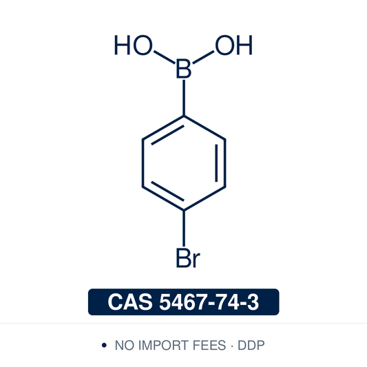 Chemical structure of 4-Bromophenylboronic Acid, CAS 5467-74-3, ≥98% — para-bromo-substituted arylboronic acid used in Pd-catalysed Suzuki-Miyaura coupling, Cu Chan-Lam C–N/C–O coupling, Rh/Ni conjugate additions, and photoredox arylation in pharma/materials synthesis, with the aryl bromide handle valuable as an orthogonal cross-coupling site for sequential biaryl assembly. Supplied by NorrChemica with DDP shipping. CoA and SDS provided.​​​​​​​​​​​​​​​​