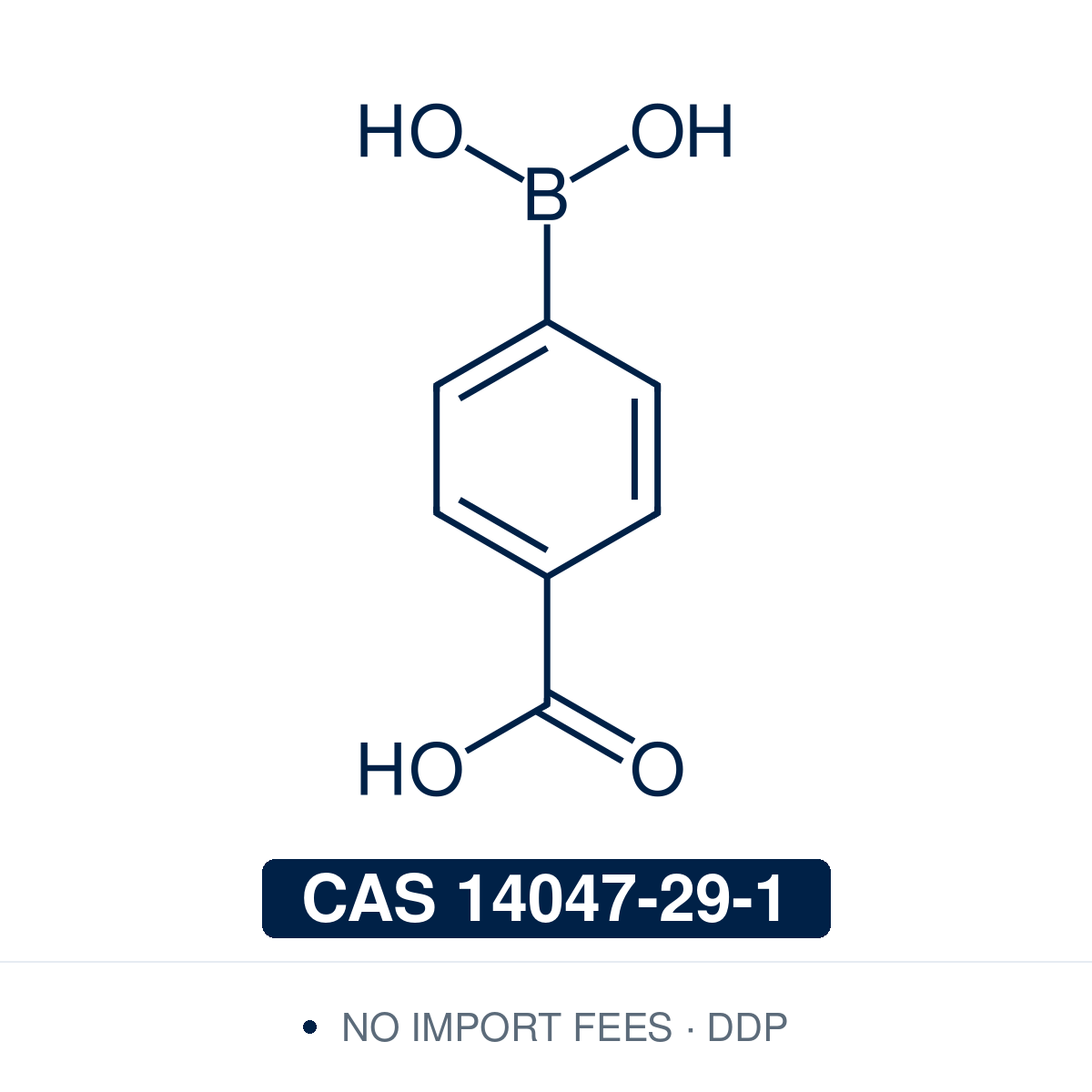 Chemical structure of 4-Carboxyphenylboronic Acid, CAS 14047-29-1, ≥97% — strongly electron-poor para-carboxy arylboronic acid used in Pd-catalysed Suzuki-Miyaura coupling, Cu Chan-Lam C–N/C–O coupling, Rh/Ni conjugate additions, and photoredox arylation in pharma/materials synthesis, with the carboxylic acid handle valuable for amide coupling via EDC/NHS, peptide ligation, glycoprotein labeling, and covalent organic framework construction. Supplied by NorrChemica with DDP shipping. CoA and SDS provided.