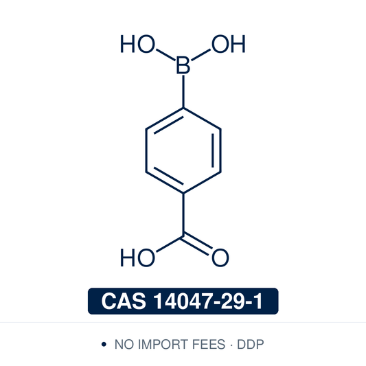 Chemical structure of 4-Carboxyphenylboronic Acid, CAS 14047-29-1, ≥97% — strongly electron-poor para-carboxy arylboronic acid used in Pd-catalysed Suzuki-Miyaura coupling, Cu Chan-Lam C–N/C–O coupling, Rh/Ni conjugate additions, and photoredox arylation in pharma/materials synthesis, with the carboxylic acid handle valuable for amide coupling via EDC/NHS, peptide ligation, glycoprotein labeling, and covalent organic framework construction. Supplied by NorrChemica with DDP shipping. CoA and SDS provided.