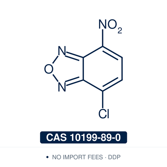 Chemical structure of NBD-Cl (4-chloro-7-nitrobenzofurazan), CAS 10199-89-0, 98% — benzoxadiazole-based fluorogenic derivatizing reagent (C6H2ClN3O3), drawn with its reactive 4-chloro leaving group (a covalent aryl chloride, not a counterion). Non-fluorescent itself, it reacts with primary/secondary amines and thiols to give strongly fluorescent NBD adducts, used for pre-column HPLC labeling of amines, amino acids and peptides. Supplied by NorrChemica with DDP shipping. CoA and SDS provided.