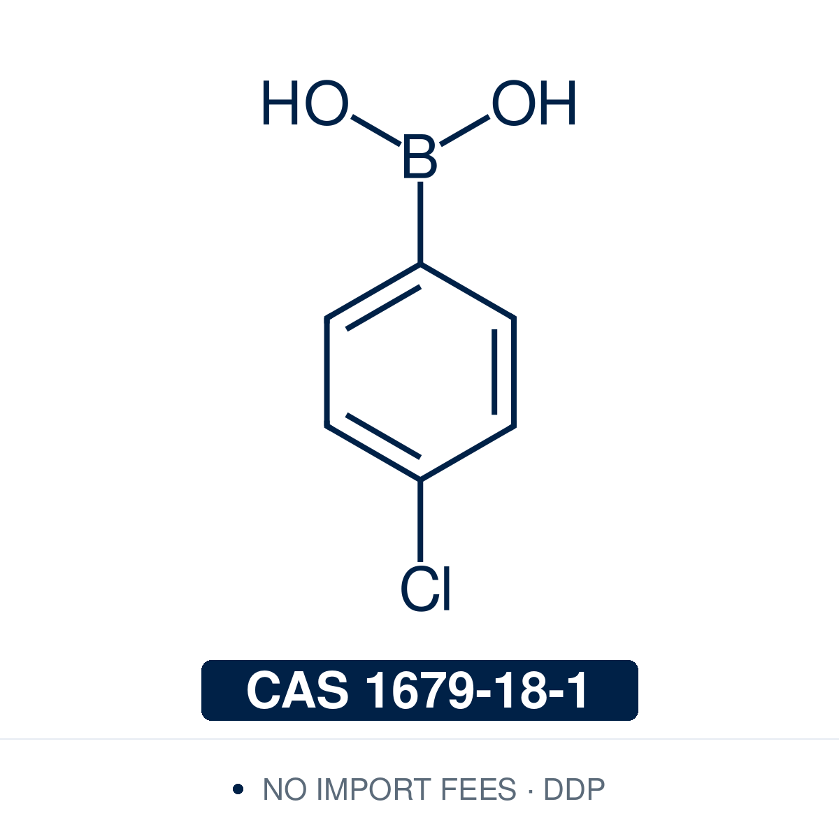 Chemical structure of 4-Chlorophenylboronic Acid, CAS 1679-18-1, ≥98% — para-chloro-substituted arylboronic acid used in Pd-catalysed Suzuki-Miyaura coupling, Cu Chan-Lam C–N/C–O coupling, Rh/Ni conjugate additions, and photoredox arylation in pharma/materials synthesis, with the chloro handle valuable as a synthetic latch for further cross-coupling. Supplied by NorrChemica with DDP shipping. CoA and SDS provided.​​​​​​​​​​​​​​​​